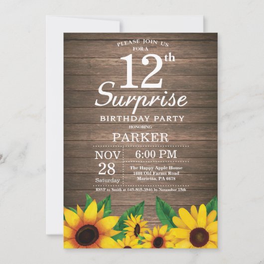 Invitation Rustic Sunflower Surprise 12e anniversaire Invitat (Devant)