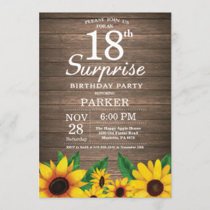 Invitation Rustic Sunflower Surprise 18e anniversaire Invitat