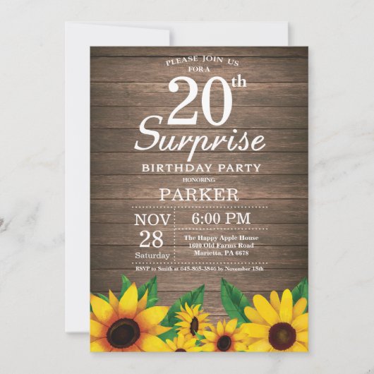 Invitation Rustic Sunflower Surprise 20e anniversaire Invitat (Devant)