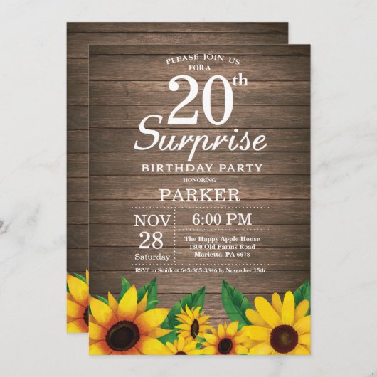 Invitation Rustic Sunflower Surprise 20e anniversaire Invitat (Devant / Derrière)