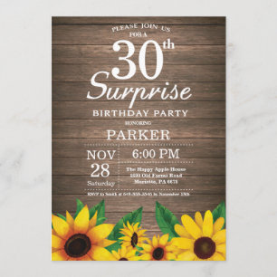 Invitation Rustic Sunflower Surprise 30e anniversaire Invitat