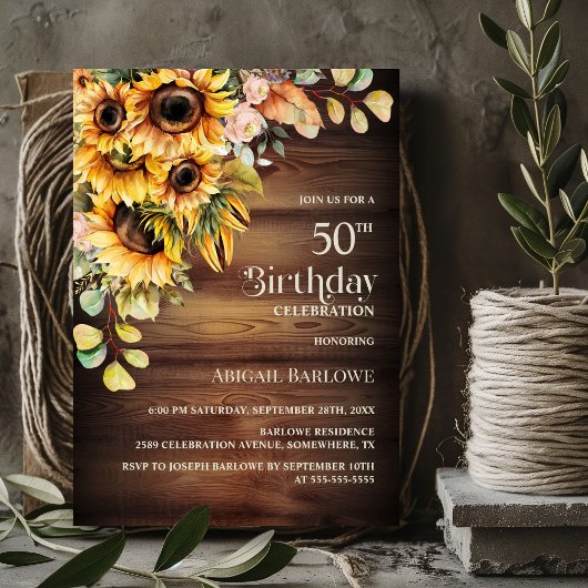 Invitation Rustic Sunflower Wood 50e fête d'anniversaire