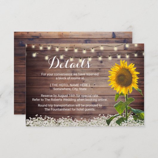 Invitation Rustic Sunfower String Lights Barne Détails du Mar (Devant / Derrière)