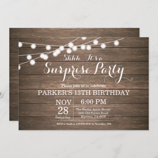 Invitation Rustic Surprise 13e anniversaire Bois (Devant / Derrière)