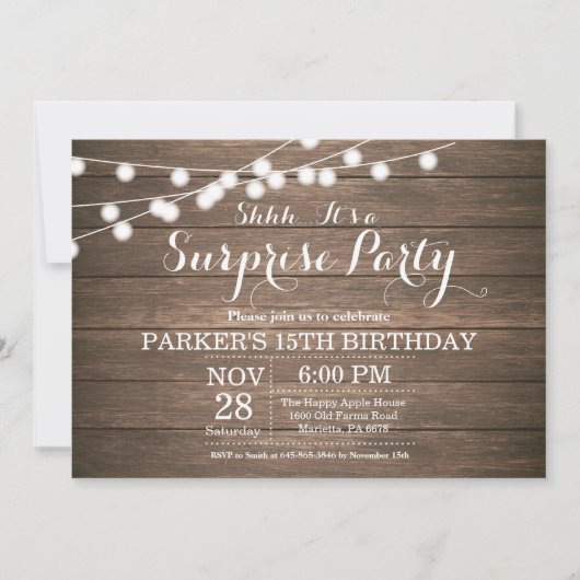 Invitation Rustic Surprise 15e anniversaire Bois (Devant)