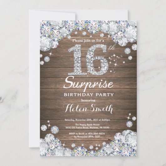Invitation Rustic Surprise 16e anniversaire Silver Diamond (Devant)