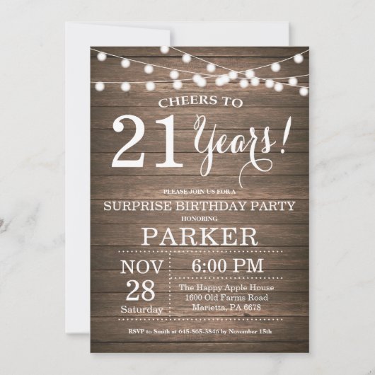 Invitation Rustic Surprise 21e anniversaire Bois (Devant)