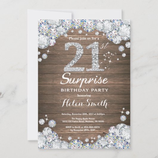 Invitation Rustic Surprise 21e anniversaire Silver Diamond (Devant)