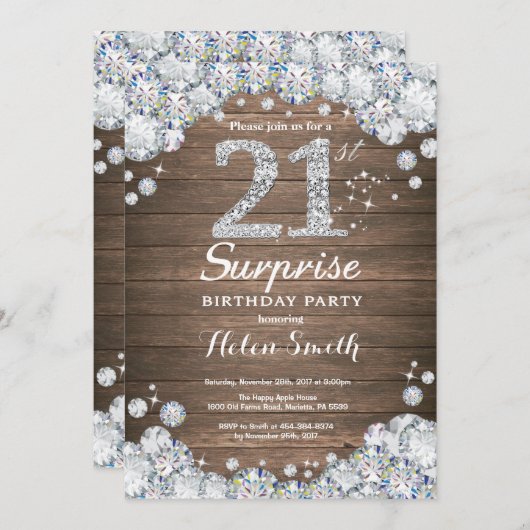 Invitation Rustic Surprise 21e anniversaire Silver Diamond (Devant / Derrière)