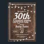 Invitation Rustic Surprise 30e anniversaire<br><div class="desc">Cette invitation rustique de 30e anniversaire surprise présente des lampes à cordes sur un arrière - plan en bois foncé. Cliquez sur le bouton customiser pour plus de flexibilité dans la modification du texte! Des variantes de ce design, des couleurs supplémentaires, ainsi que des produits de coordination sont disponibles dans...</div>