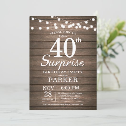 Invitation Rustic Surprise 40e anniversaire Bois (Debout devant)