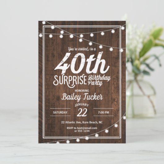 Invitation Rustic Surprise 40e fête d'anniversaire (Debout devant)