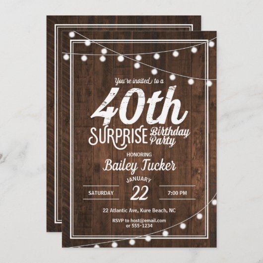 Invitation Rustic Surprise 40e fête d'anniversaire (Devant / Derrière)