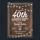 Invitation Rustic Surprise 40e fête d'anniversaire<br><div class="desc">Cette invitation rustique à l'anniversaire de 40 ans surprend présente des lampes à cordes sur un arrière - plan en bois foncé. Cliquez sur le bouton personnaliser pour plus de flexibilité dans la modification du texte ! Des variantes de ce design, des couleurs supplémentaires, ainsi que des produits de coordination...</div>
