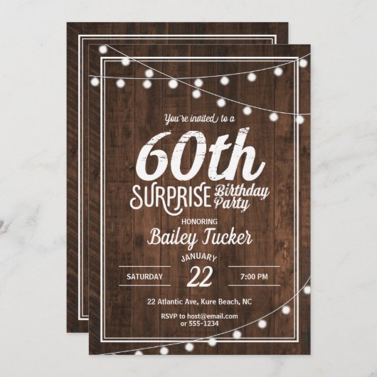 Invitation Rustic Surprise 60e anniversaire (Devant / Derrière)