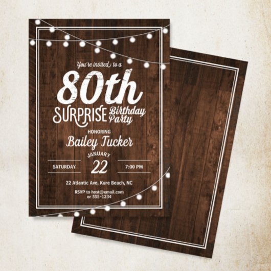 Invitation Rustic Surprise 80e fête d'anniversaire