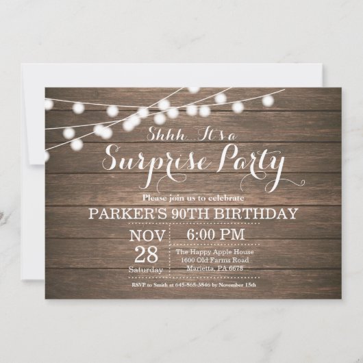 Invitation Rustic Surprise 90e anniversaire Bois (Devant)