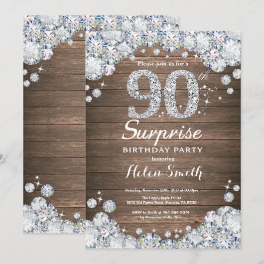Invitation Rustic Surprise 90e anniversaire Silver Diamond (Devant / Derrière)