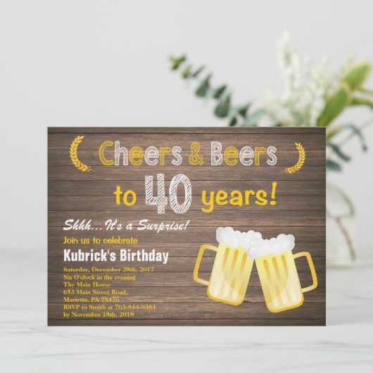 Invitation Rustic Surprise Cheers and Beers 40e anniversaire (Debout devant)