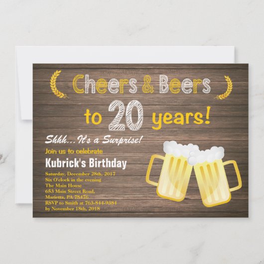 Invitation Rustic Surprise Cheers et Bières 20e anniversaire (Devant)