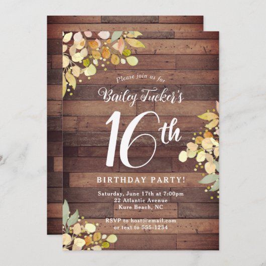 Invitation Rustic Sweet 16 automne Florals Feuille 16e annive (Devant / Derrière)