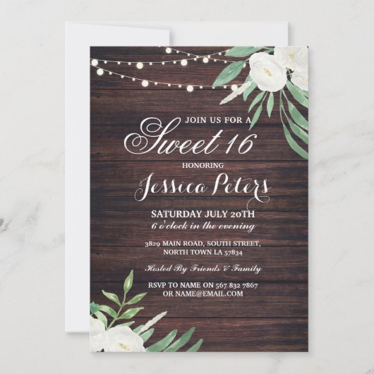 Invitation Rustic Sweet 16 Party Floral Blanc Flower Invitati (Devant)