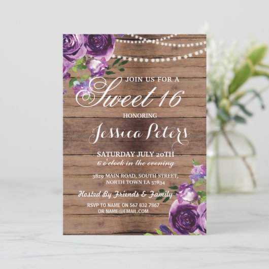Invitation Rustic Sweet 16 Party Floral Bois violet Invitatio (Debout devant)