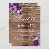 Invitation Rustic Sweet 16 Party Floral Bois violet Invitatio (Devant / Derrière)
