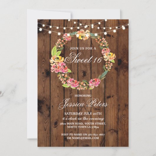 Invitation Rustic Sweet 16 Party Floral Fleurs de couronnes I (Devant)