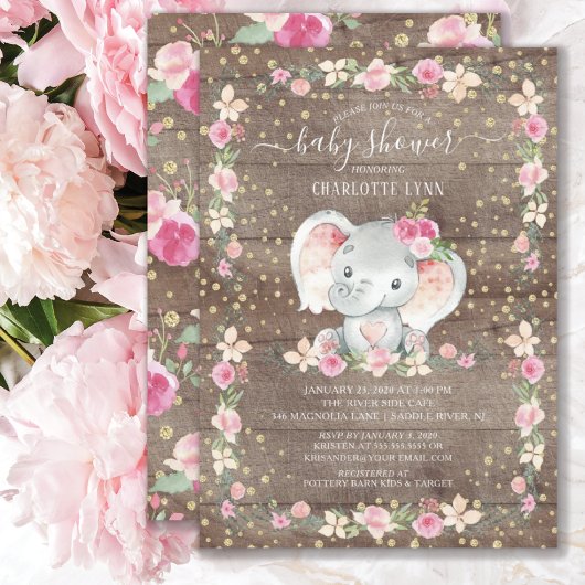 Invitation Rustic Sweet Baby Girl Elephant Baby shower