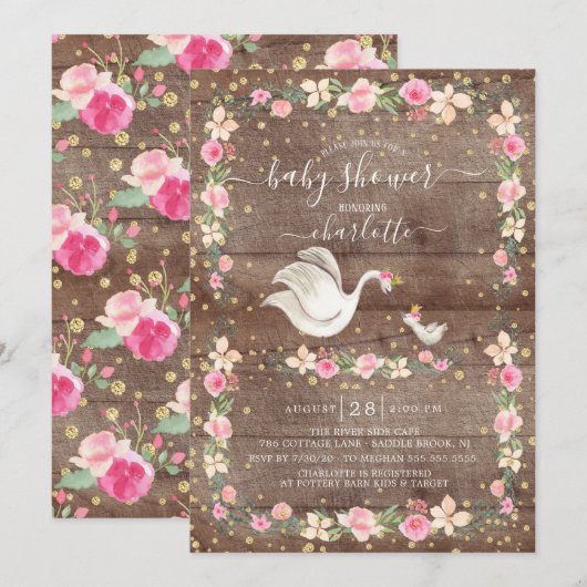 Invitation Rustic Sweet Maman & Baby Swan Baby shower (Devant / Derrière)