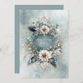 Invitation Rustic Teal Blue Feather White Floral Wedding (Devant / Derrière)