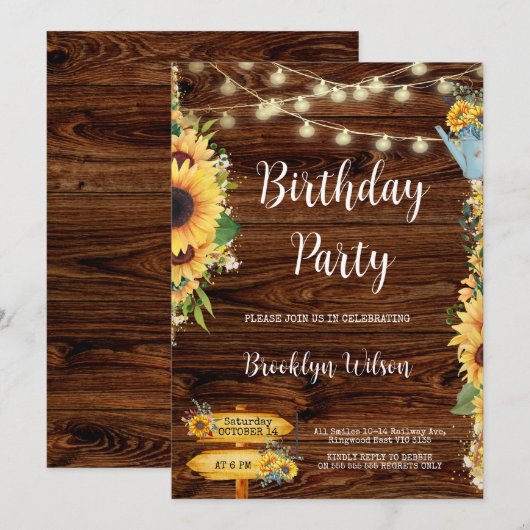 Invitation Rustic Tournesol fête d'anniversaire (Devant / Derrière)