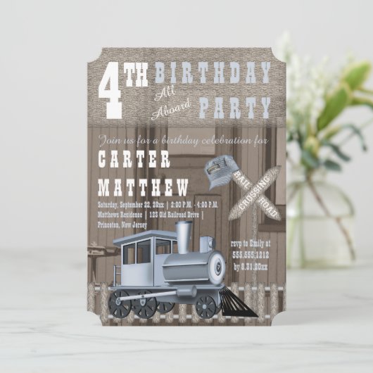 Invitation Rustic Train Railroad Crossing 4e fête d'anniversa (Debout devant)