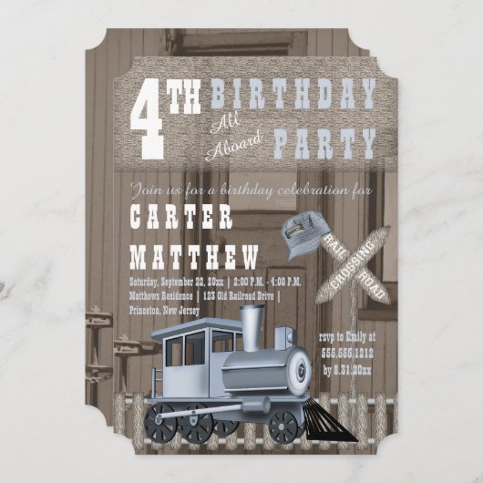 Invitation Rustic Train Railroad Crossing 4e fête d'anniversa (Devant / Derrière)