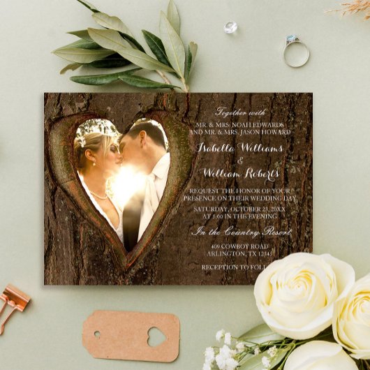 Invitation Rustic Tree Heart Photo Mariage