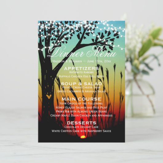 Invitation Rustic Tree Lights Sunset Mariage Dîner Menu (Debout devant)
