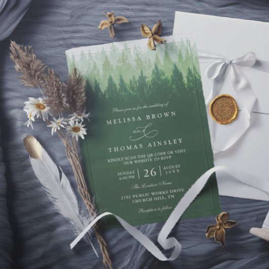 Invitation Rustic Trees Pine Forest  Elegant QR Code Wedding