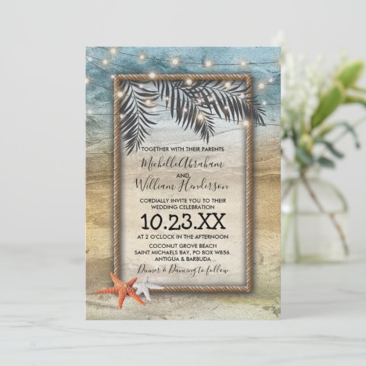 Invitation Rustic Tropical Beach Starfish Lights Mariage (Debout devant)