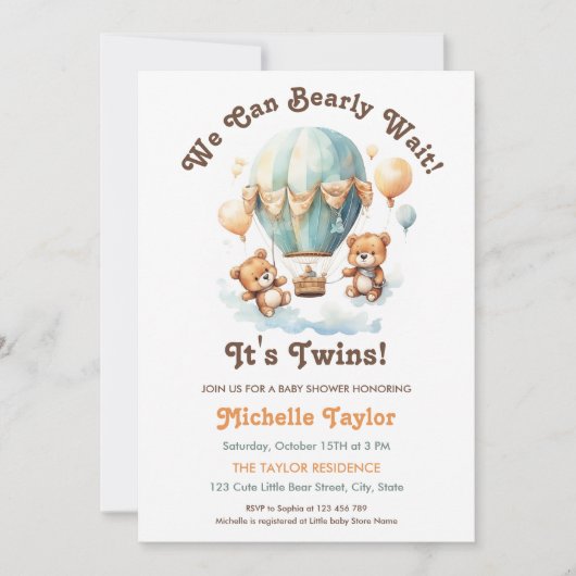 Invitation Rustic Twins baby shower Oears Bearly Wait (Devant)