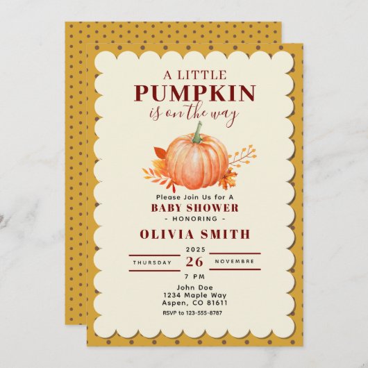 Invitation Rustic un petit Citrouille point de Baby shower d' (Devant / Derrière)