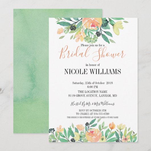 Invitation RUSTIC Vert aquarelle rose Fête des mariées de piv (Devant / Derrière)