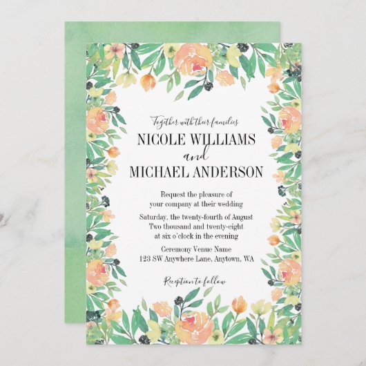 Invitation RUSTIC Vert aquarelle rose pivoine Fleurs MARIAGE (Devant / Derrière)