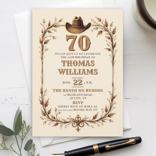 Invitation Rustic Vintage Cowboy Western Leaf 70th Birthday 