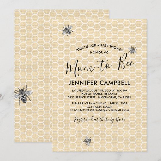 Invitation Rustic Vintage Maman à Bee Baby shower (Devant / Derrière)
