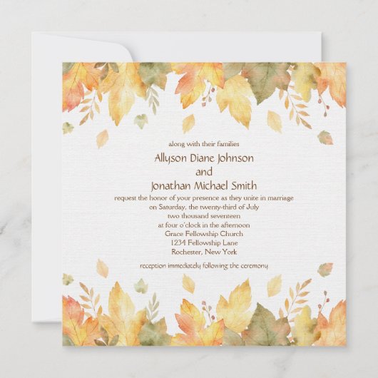 Invitation Rustic Watercolor Automne quitte Carré | (Dos)