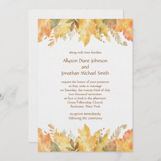 Invitation Rustic Watercolor Automne quitte Mariage | (Devant / Derrière)
