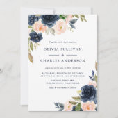 Invitation Rustic Watercolor Blush et Navy Flowers Mariage (Devant)