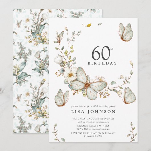 Invitation Rustic Watercolor Butterfly 60e fête d'anniversair (Devant / Derrière)