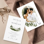 Invitation Rustic Watercolor Mountain Forest Mariage Photo<br><div class="desc">Cet élégant mariage de destination dispose d'un paysage d'aquarelle romantique avec montagne,  pins et forêt verdoyante parfait pour votre mariage de rêve de montagne et une police de calligraphie script complexe. Placez votre photo à l'arrière.</div>